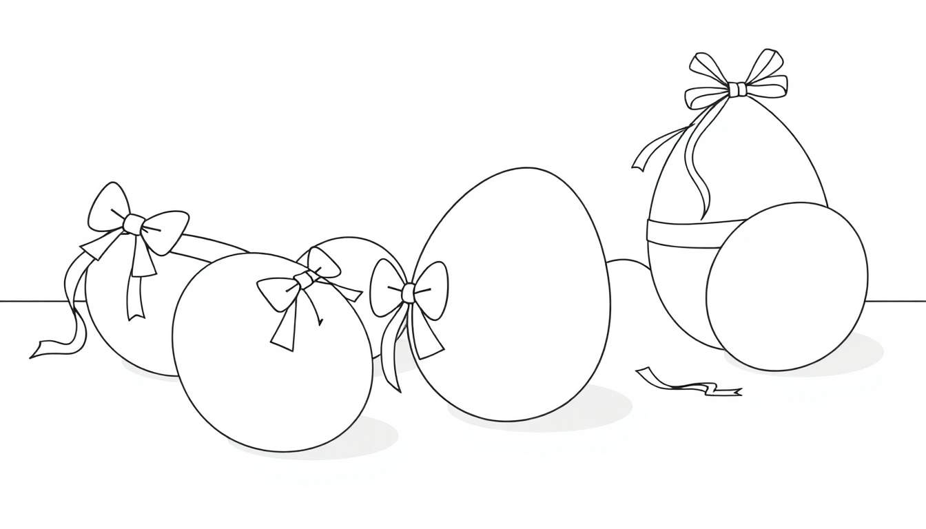 Placa de color con cinco huevos de Pascua dibujados, cada uno con un lazo y listos para colorear.