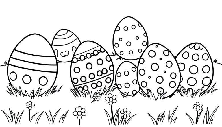 Placa de color de huevos de Pascua en blanco y negro en la hierba.