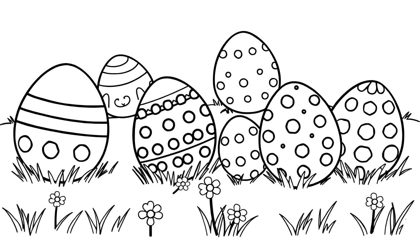 Placa de color de huevos de Pascua en blanco y negro en la hierba.