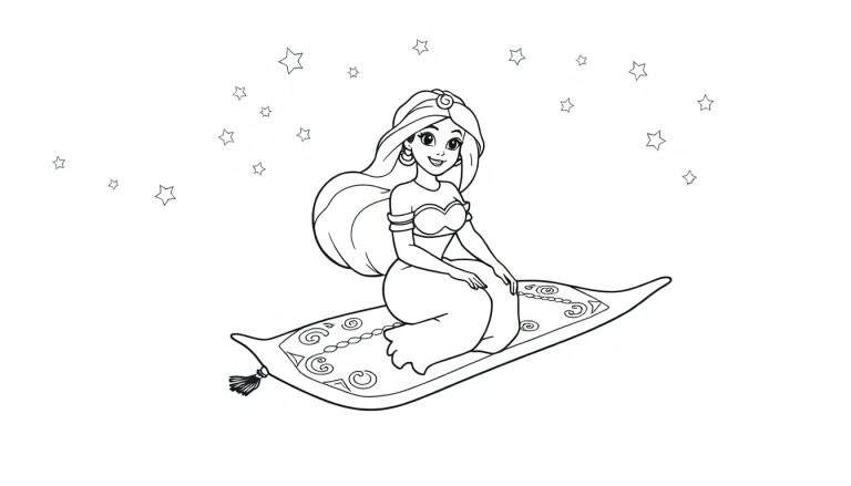 Placa de color de la princesa Jazmín volando en una alfombra mágica bajo un cielo estrellado.