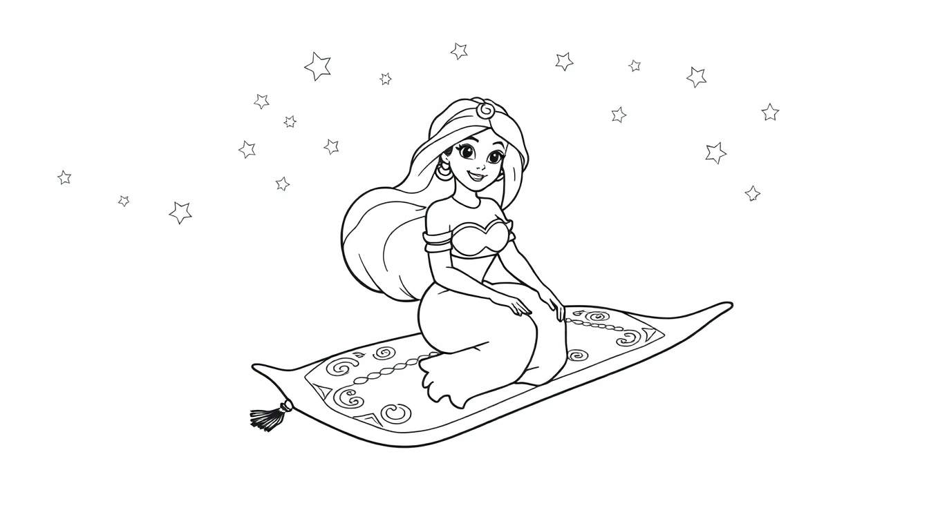 Placa de color de la princesa Jazmín volando en una alfombra mágica bajo un cielo estrellado.