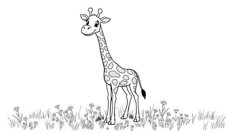 Una placa de color de jirafa de dibujos animados amigable con manchas grises claras, parada entre flores y hierba.