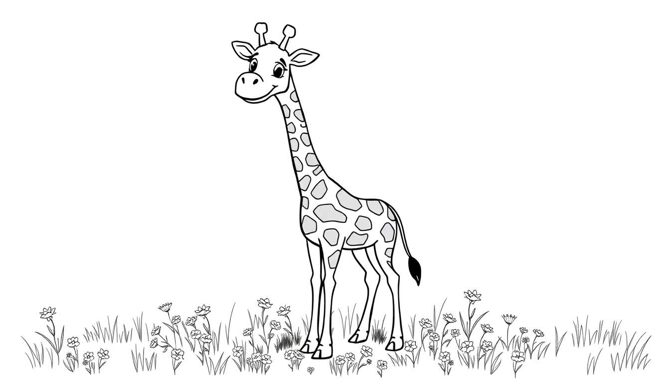 Una placa de color de jirafa de dibujos animados amigable con manchas grises claras, parada entre flores y hierba.