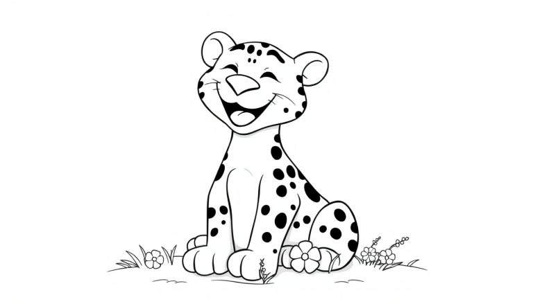 Un cachorro de leopardo blanco con manchas negras sonriendo, listo para ser coloreado en una placa de color.