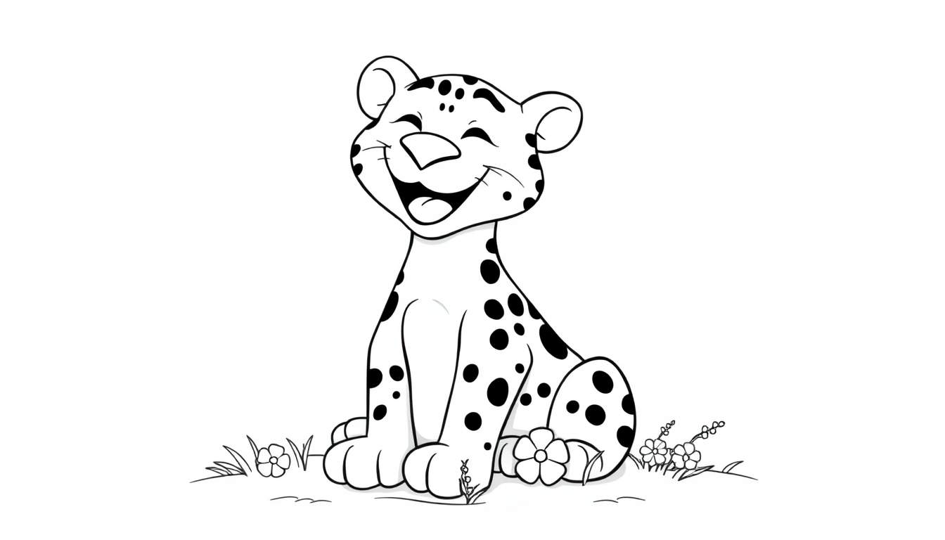 Un cachorro de leopardo blanco con manchas negras sonriendo, listo para ser coloreado en una placa de color.