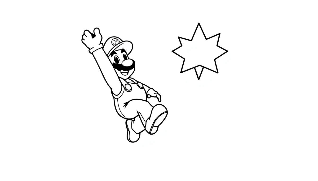 Dibujo de Mario saludando con una estrella brillante, listo para colorear.