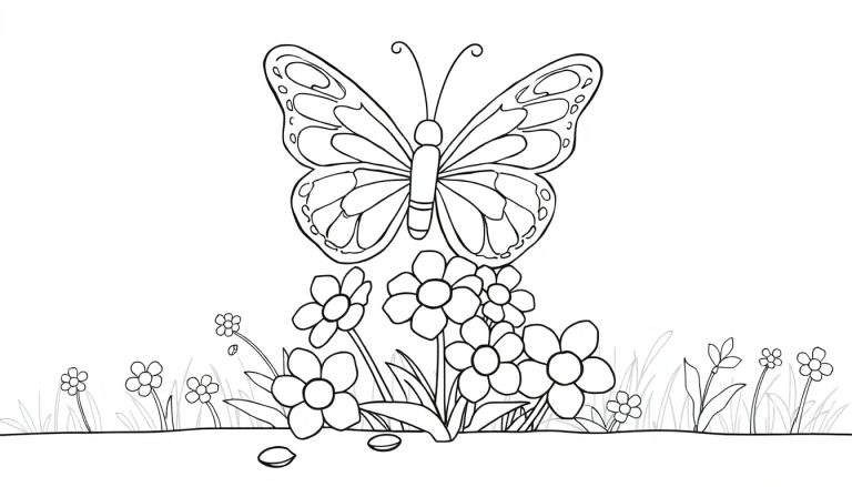 Placa de color de mariposa y flores para colorear.