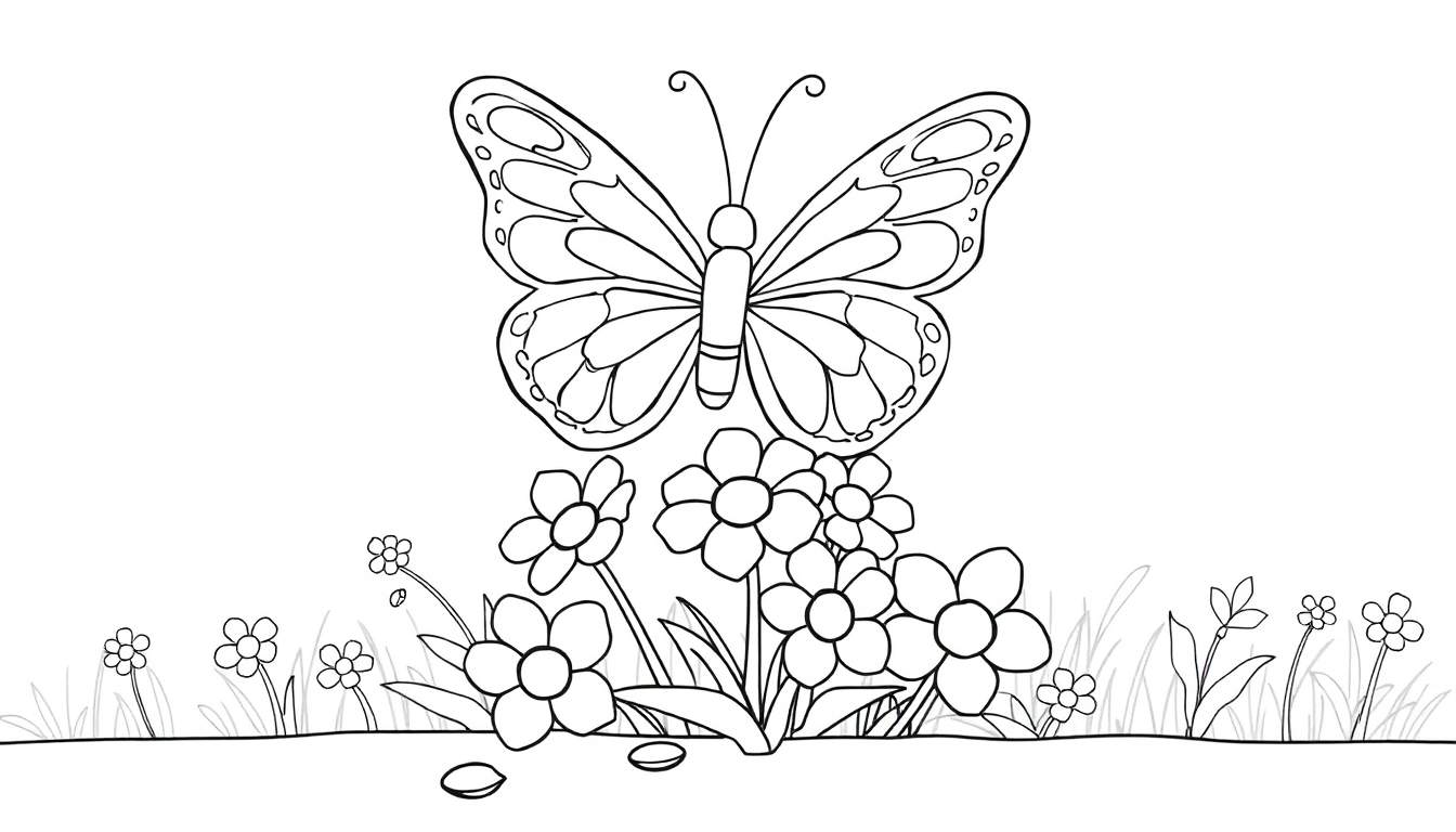 Placa de color de mariposa y flores para colorear.