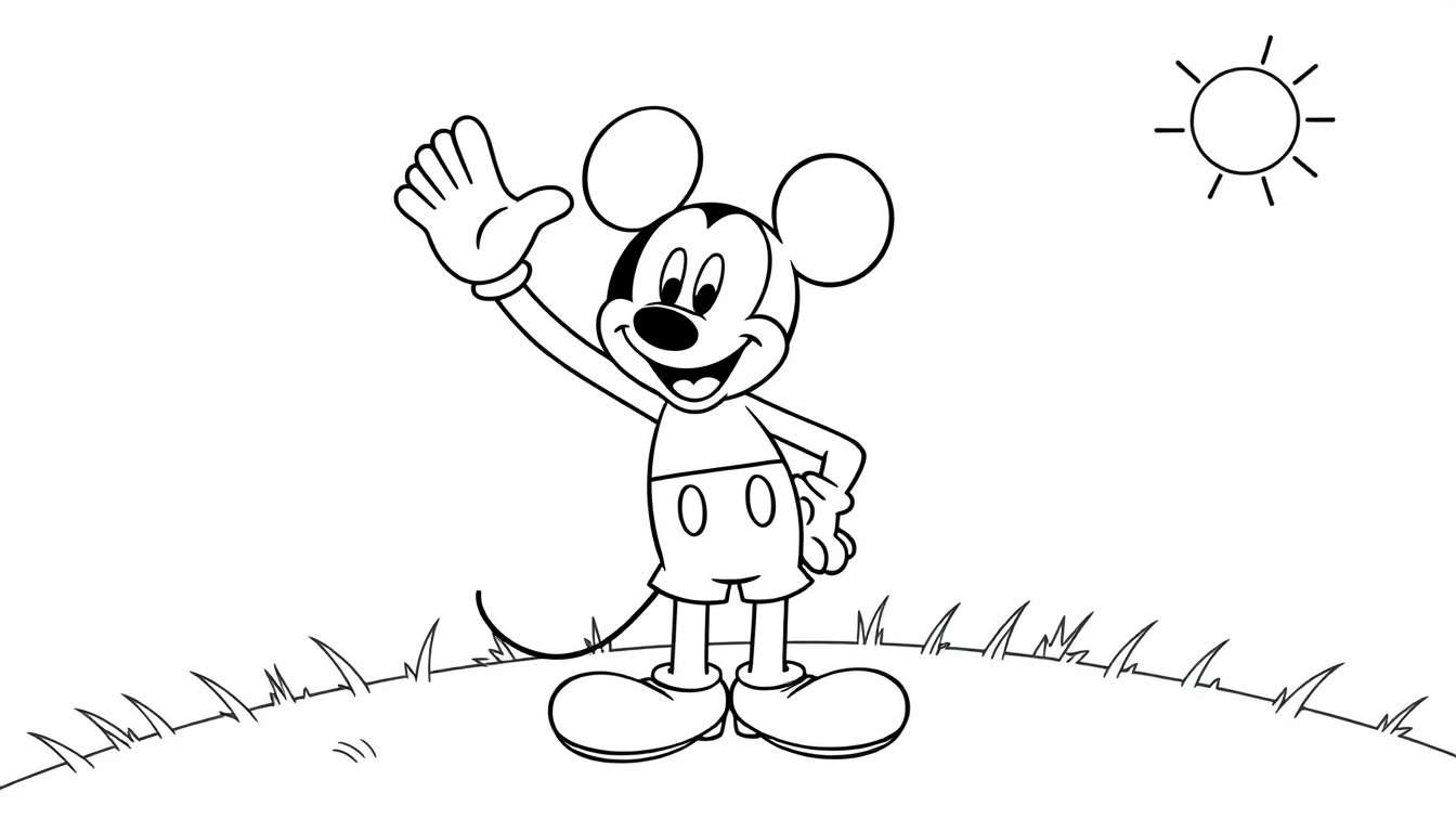 Una placa de color en blanco y negro de Mickey Mouse saludando alegremente en un campo de hierba con un sol en la esquina.