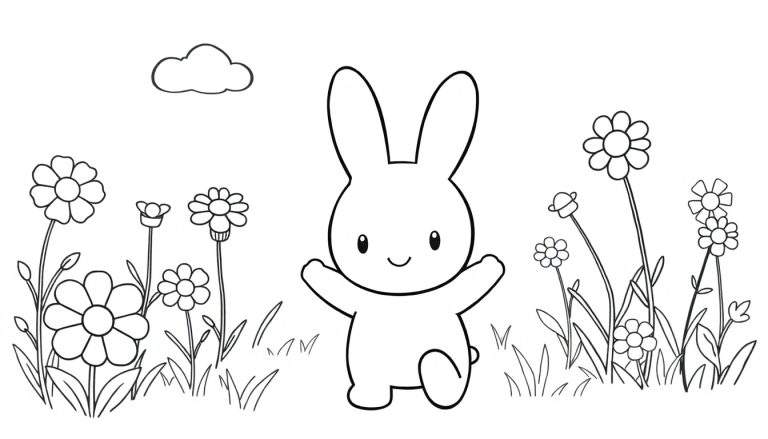 Placa de color de Miffy jugando en el campo con flores y hierba, con una nube.
