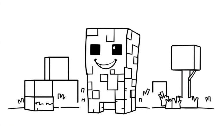 Una imagen para colorear de un personaje cuadrado de Minecraft feliz, con bloques y un árbol, sobre un suelo con hierba. Esta es una placa de color lista para ser pintada.
