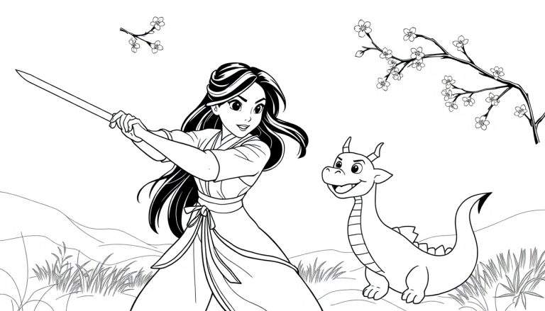 Placa de color de Mulan practicando con su espada y un dragón amigo.