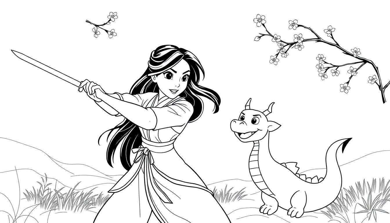 Placa de color de Mulan practicando con su espada y un dragón amigo.