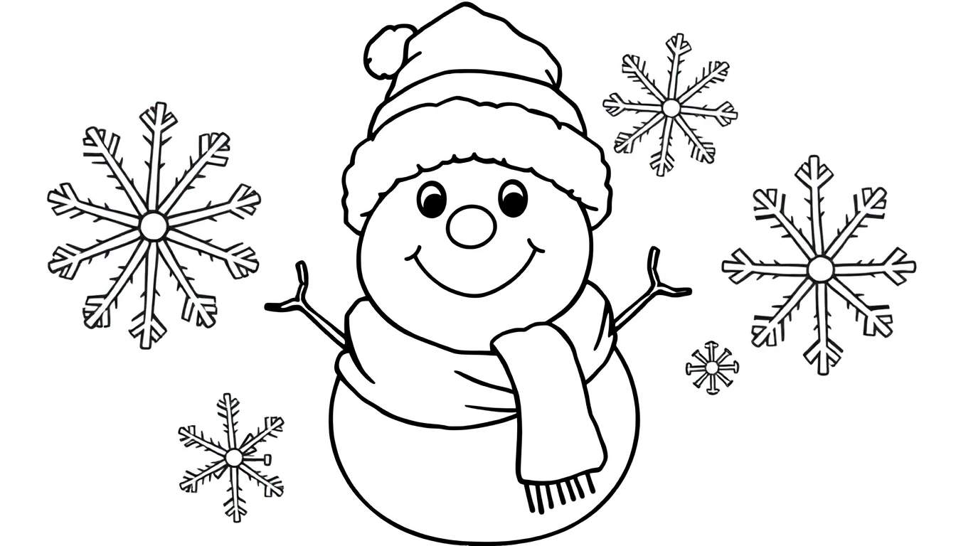 Placa de color de un muñeco de nieve amigable con sombrero y bufanda.