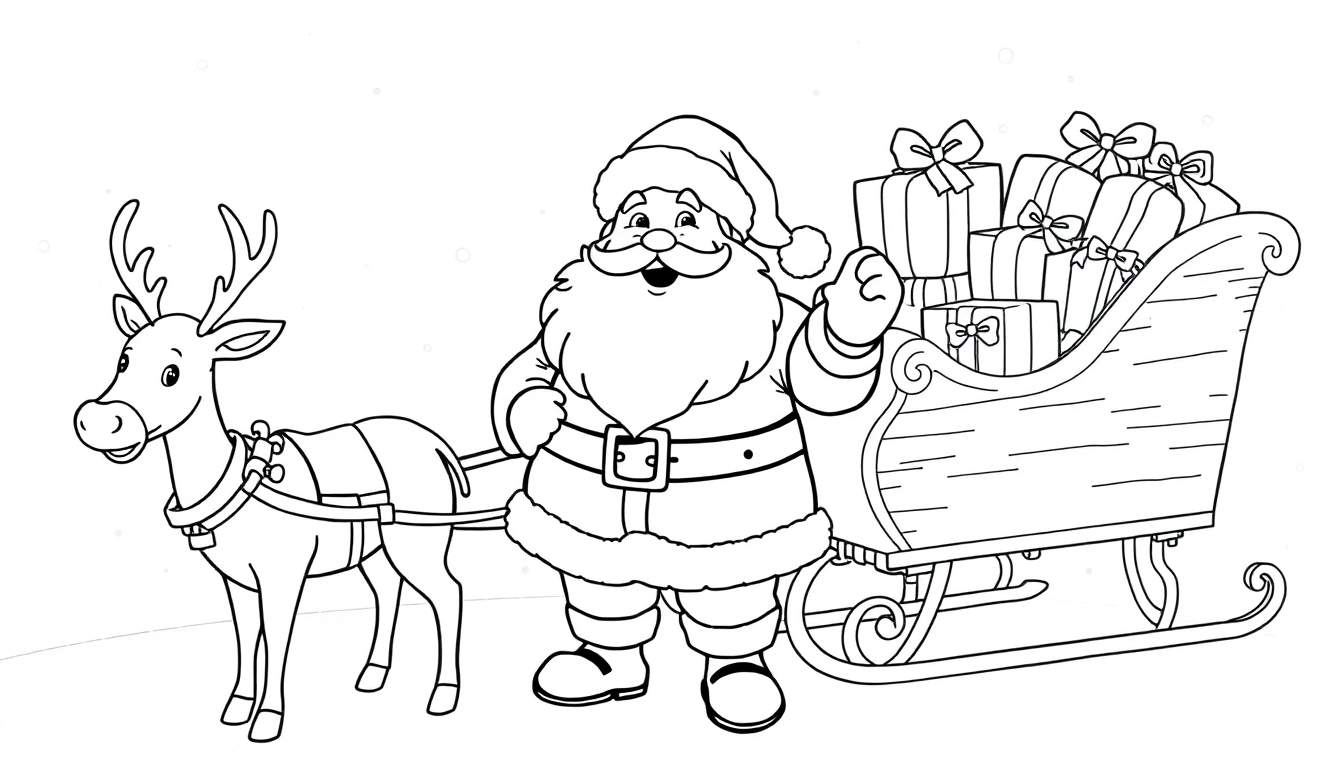 Papá Noel y su reno en una placa de color lista para colorear.