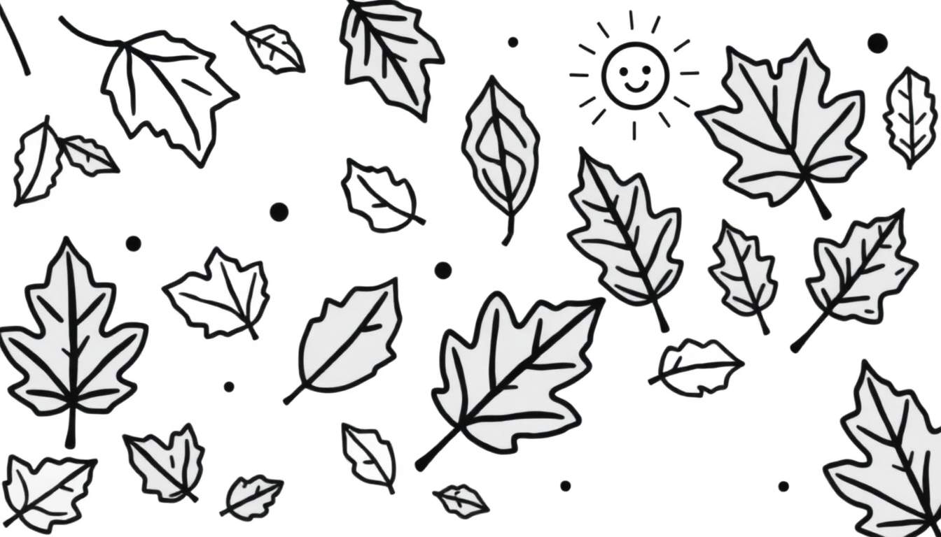 Placa de color con hojas de otoño sonrientes, puntos y un sol amigable.