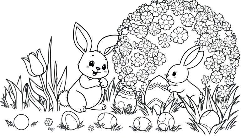 Placa de color de Pascua con dos conejitos y huevos.