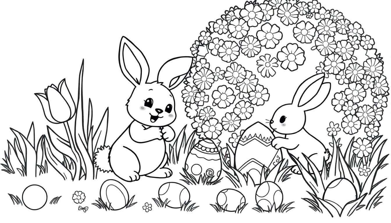 Placa de color de Pascua con dos conejitos y huevos.