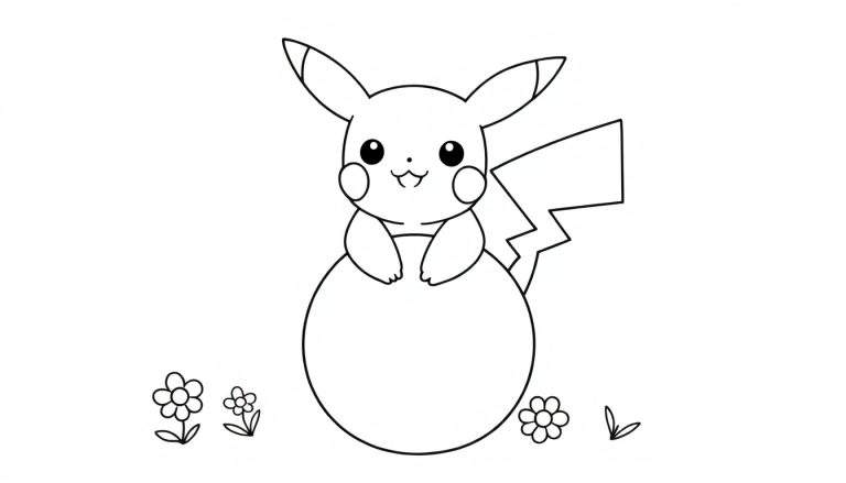Placa de color de Pikachu sonriente en un entorno natural.