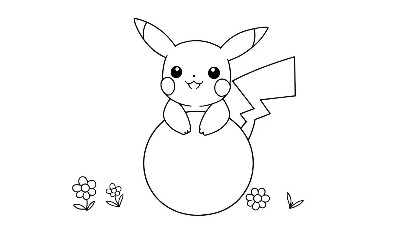 Placa de color de Pikachu sonriente en un entorno natural.