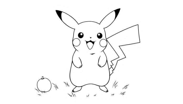 Placa de color de Pikachu sonriendo en un campo de hierba con una fruta.