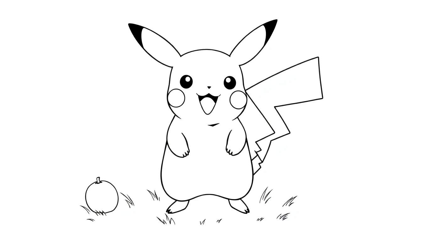 Placa de color de Pikachu sonriendo en un campo de hierba con una fruta.