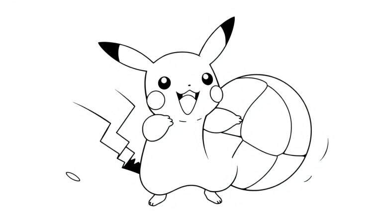 Pikachu sonriente con una pelota de colores en un dibujo lineal para colorear, con líneas de movimiento detrás.