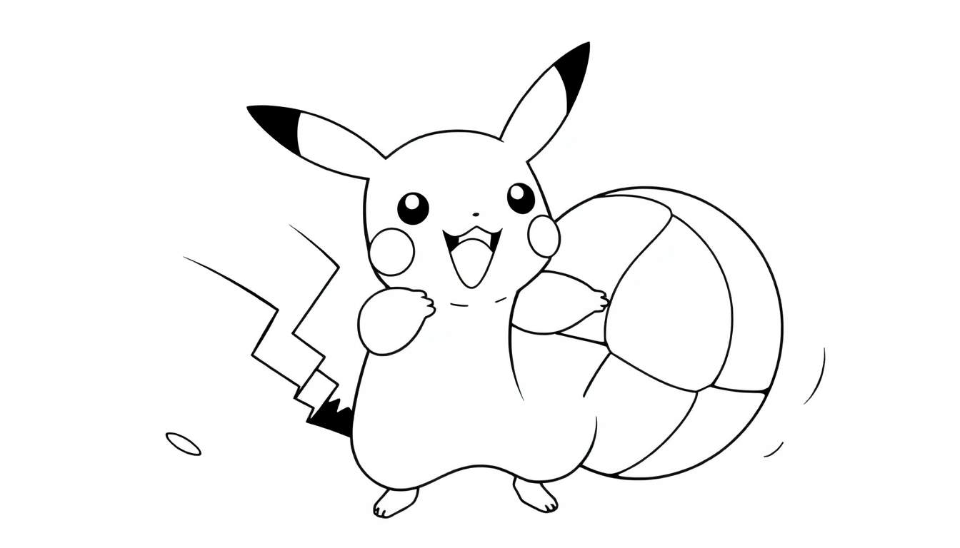 Pikachu sonriente con una pelota de colores en un dibujo lineal para colorear, con líneas de movimiento detrás.