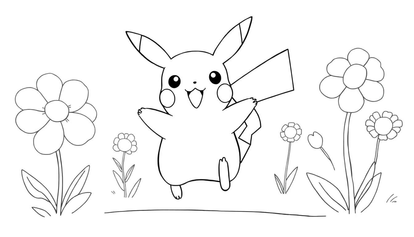 Pikachu saltando feliz en un campo de flores, listo para colorear en esta placa de color.