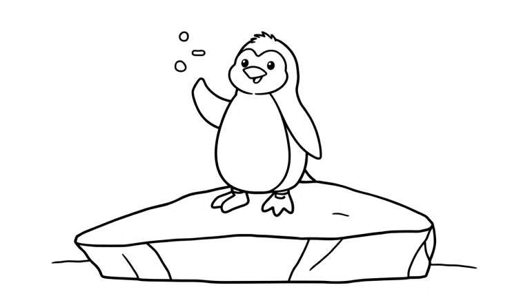 Placa de color de un pingüino amigable saludando desde un témpano de hielo.