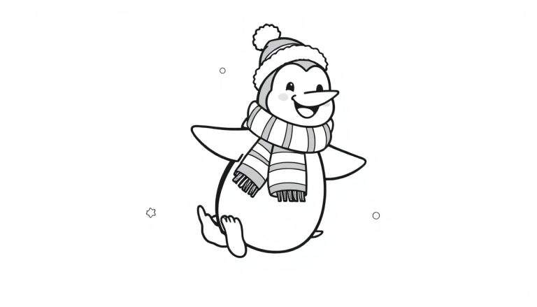 Pingüino animado con gorro y bufanda, listo para colorear, sobre una placa de color.