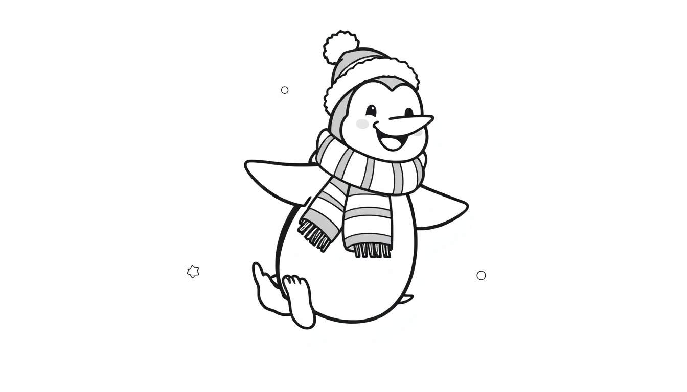 Pingüino animado con gorro y bufanda, listo para colorear, sobre una placa de color.