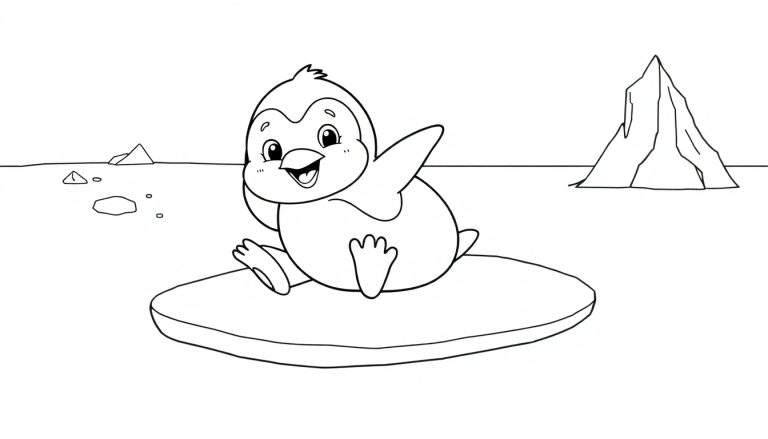 Un pingüino bebé sonriente sobre una placa de hielo para colorear.