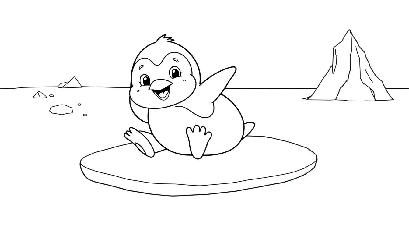 Un pingüino bebé sonriente sobre una placa de hielo para colorear.