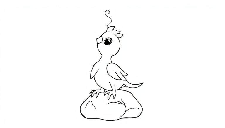 Un dibujo a lápiz de un polluelo de Fénix con plumas simples, ideal para colorear. Este es un dibujo lineal en blanco y negro de la placa de color.