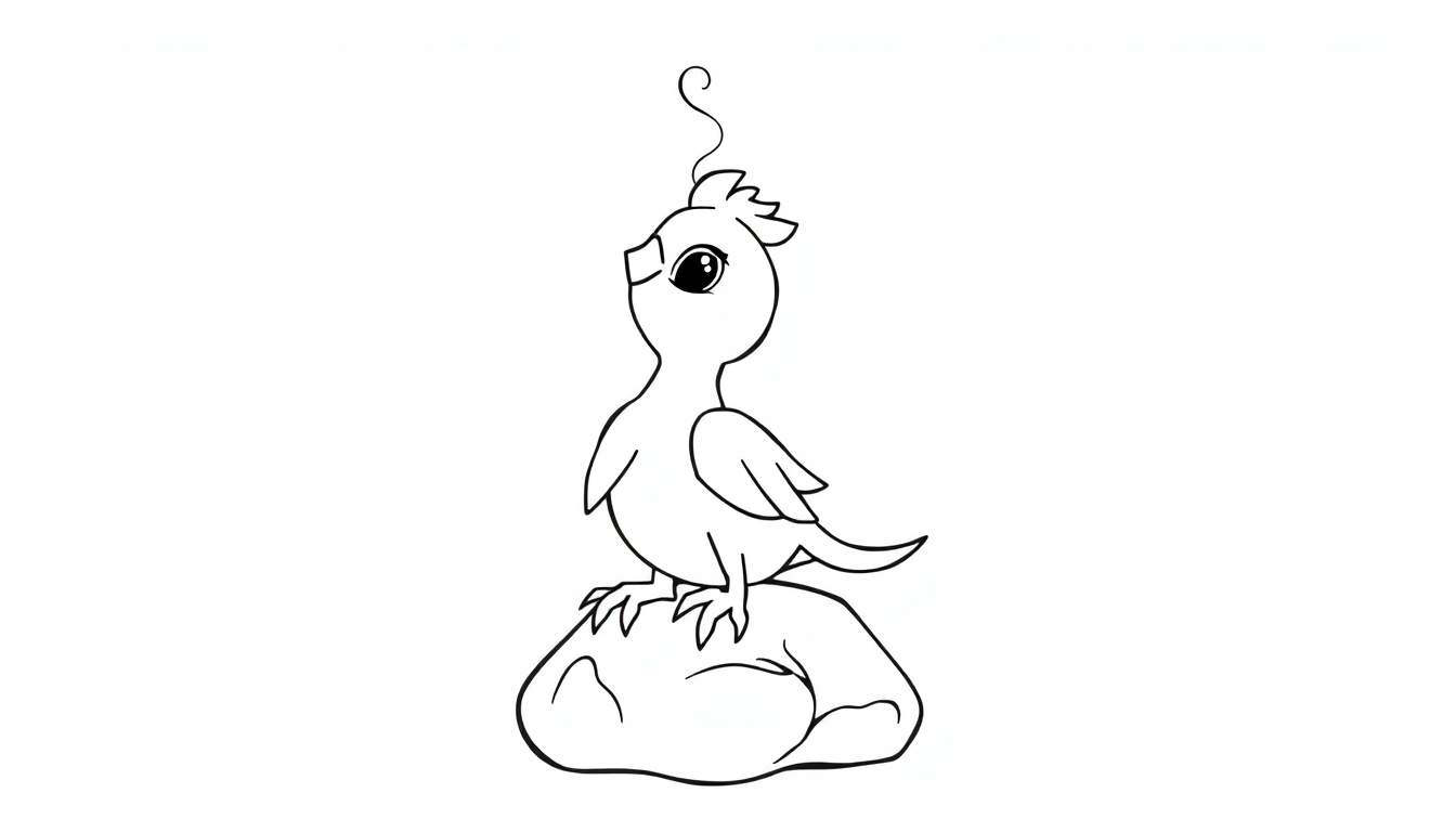 Un dibujo a lápiz de un polluelo de Fénix con plumas simples, ideal para colorear. Este es un dibujo lineal en blanco y negro de la placa de color.