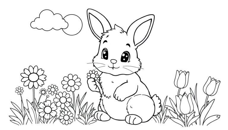 Placa de color para colorear de un conejito tierno en un campo de flores.