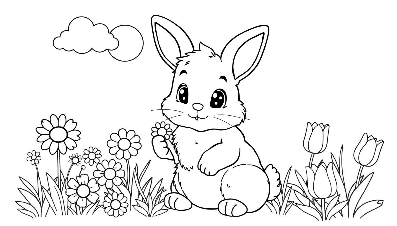 Placa de color para colorear de un conejito tierno en un campo de flores.
