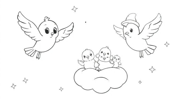 Una placa de color de pájaros peregrinos volando en un cielo estrellado, estilo infantil.