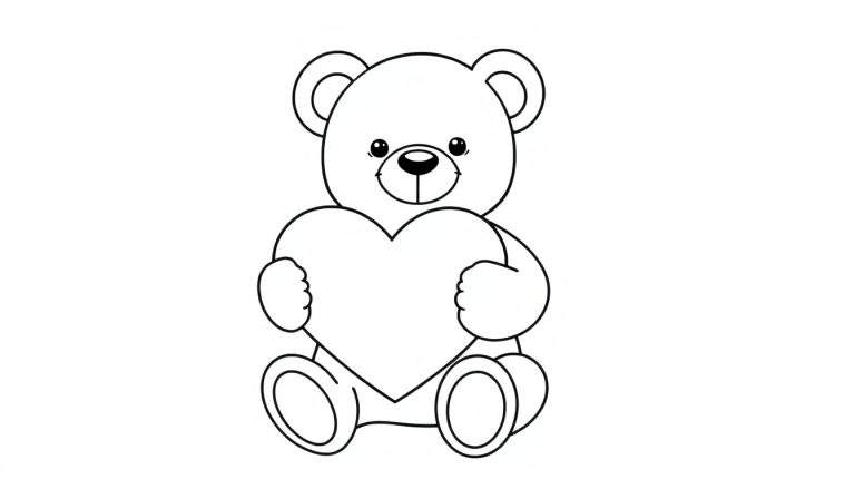 Placa de color de un osito de peluche sosteniendo un gran corazón rojo.
