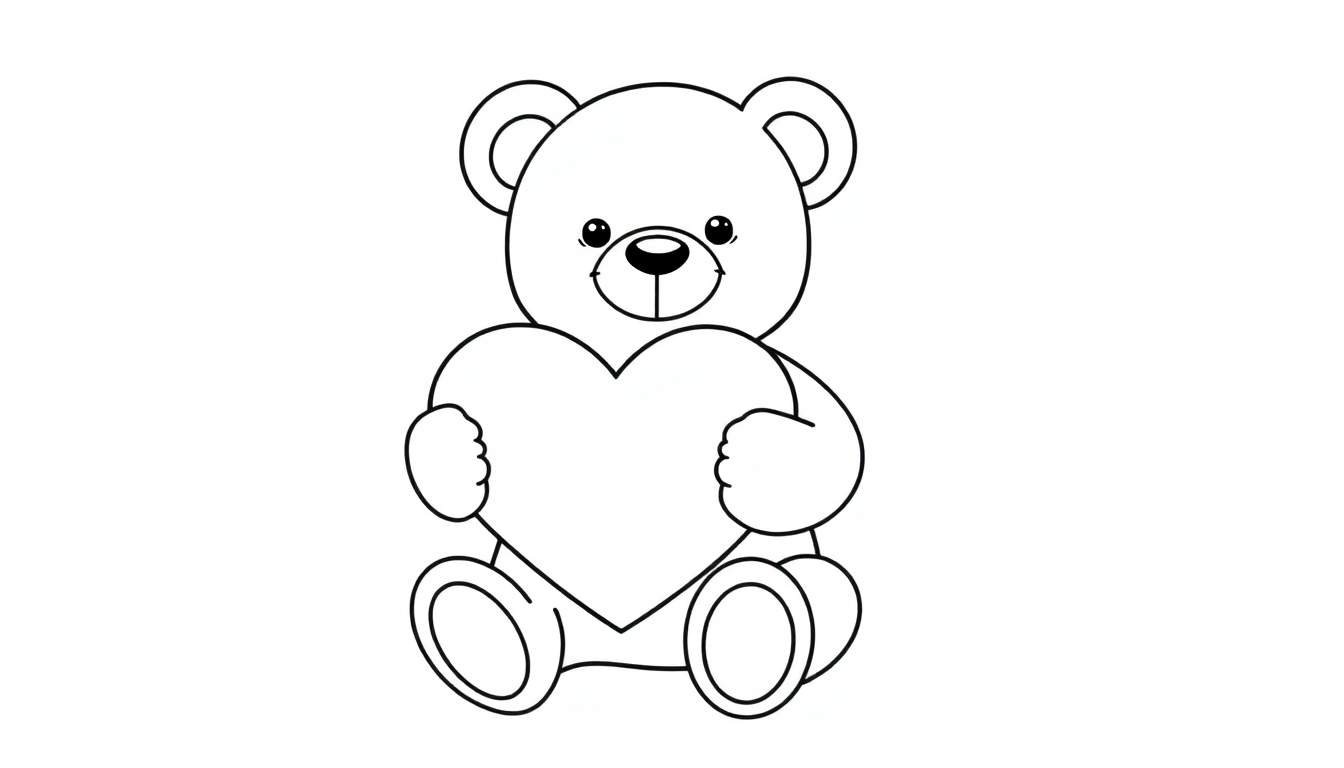 Placa de color de un osito de peluche sosteniendo un gran corazón rojo.