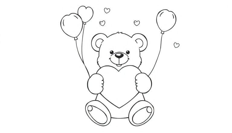 Placa de color de un oso de peluche sonriente sosteniendo un corazón grande con globos en forma de corazón flotando.