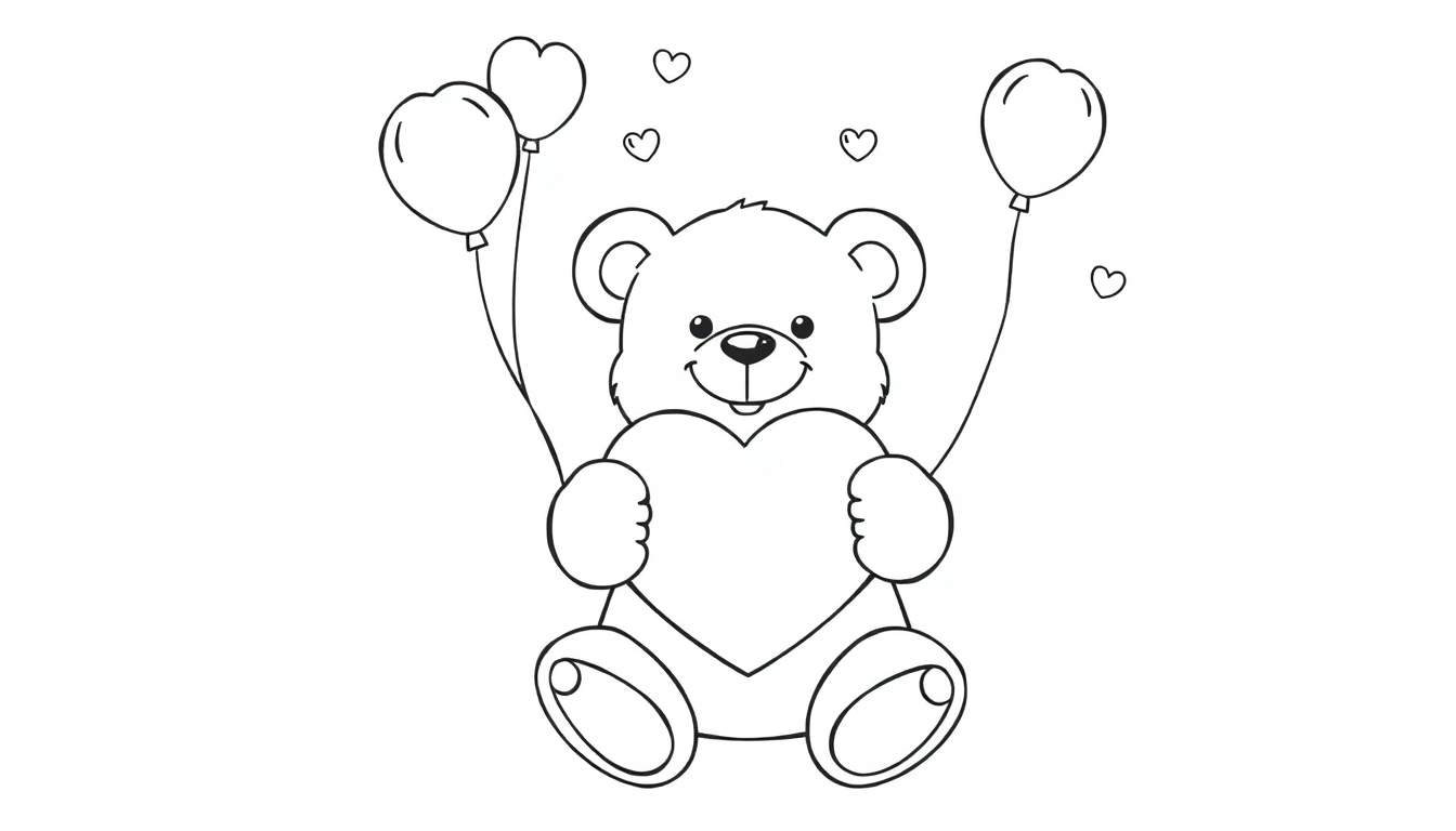 Placa de color de un oso de peluche sonriente sosteniendo un corazón grande con globos en forma de corazón flotando.