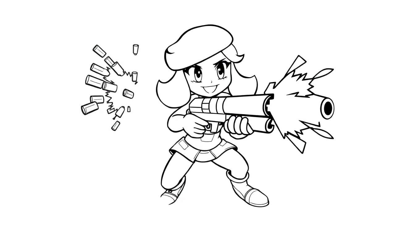 Placa de color de Shelly de Brawl Stars disparando su súper con una sonrisa.