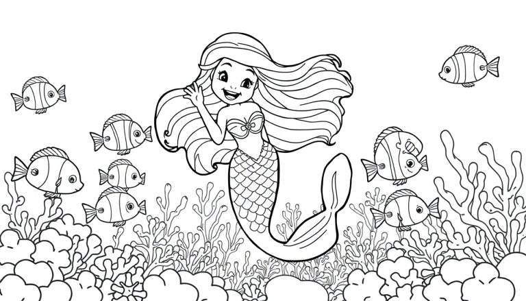 Placa de color de una sirena sonriente saludando con la mano rodeada de peces y un arrecife de coral.