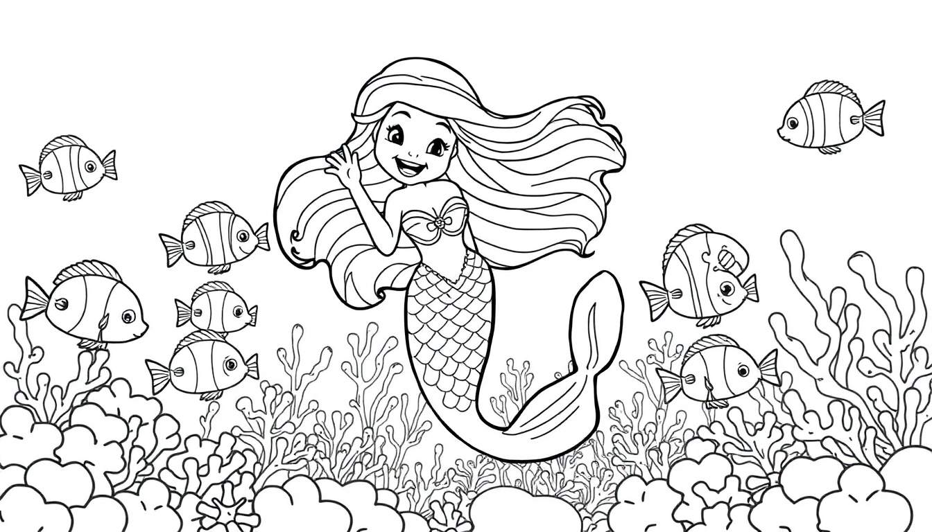 Placa de color de una sirena sonriente saludando con la mano rodeada de peces y un arrecife de coral.