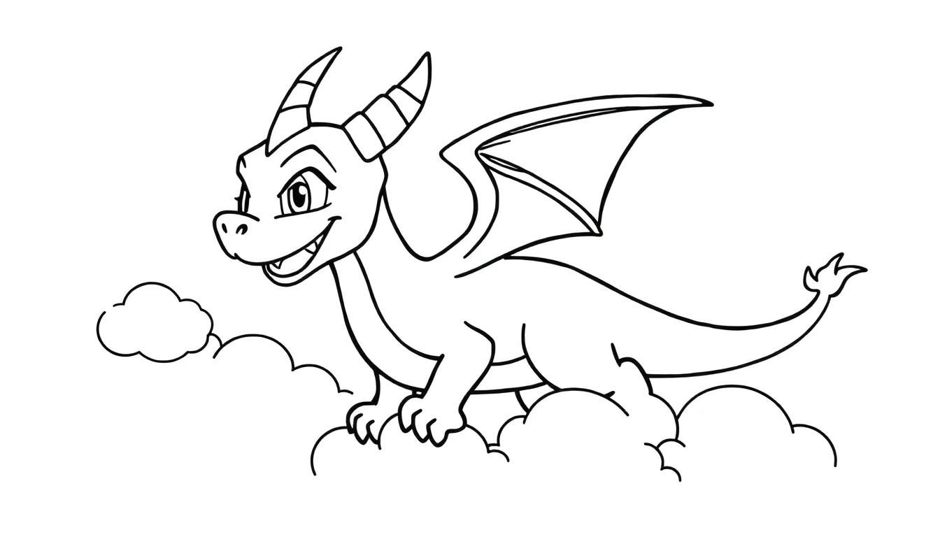 Placa de color de Spyro el dragón sonriendo entre las nubes.