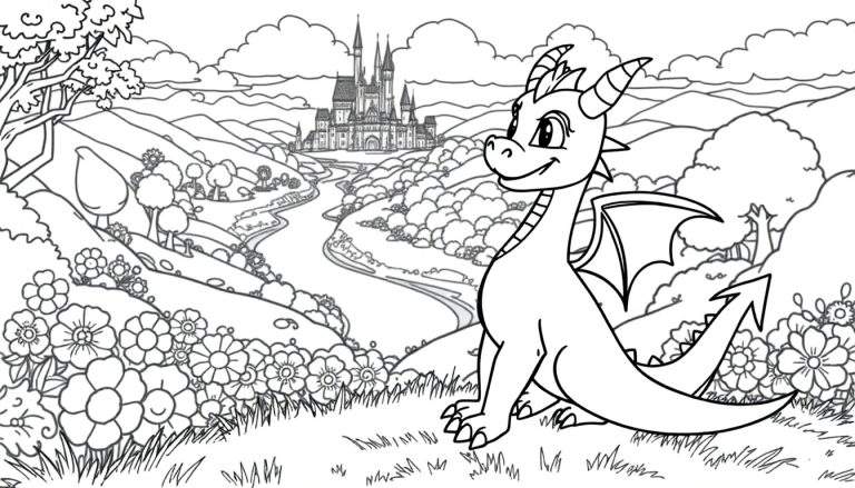 Una placa de color con Spyro el dragón listo para colorear, rodeado de un paisaje de fantasía.