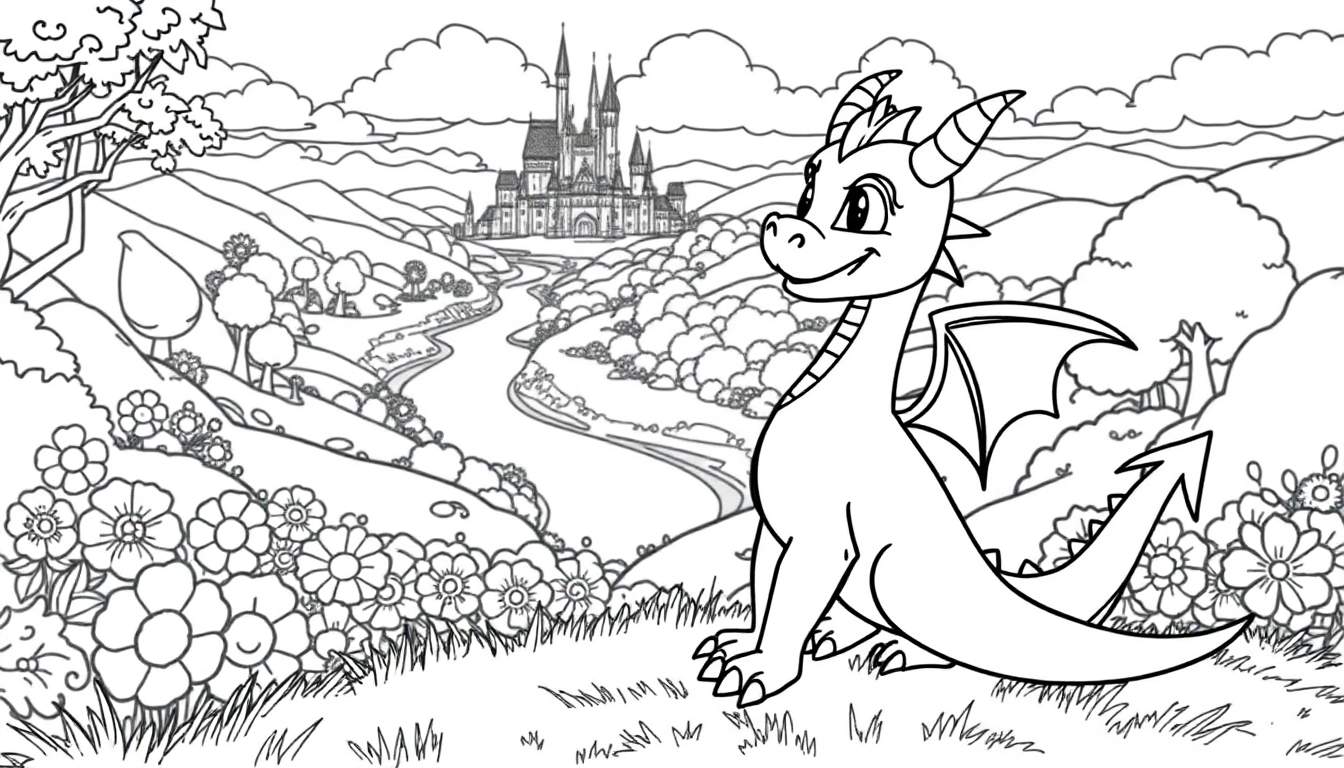 Una placa de color con Spyro el dragón listo para colorear, rodeado de un paisaje de fantasía.