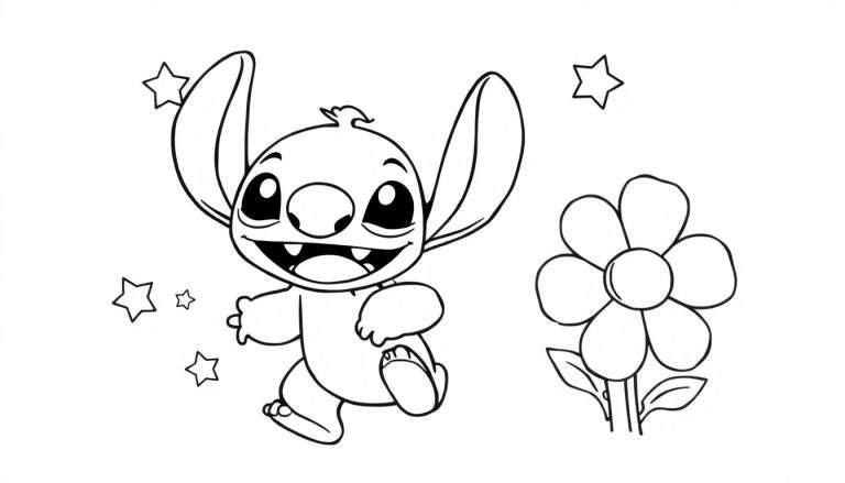 Placa de color de Stitch corriendo feliz con estrellas y una flor.